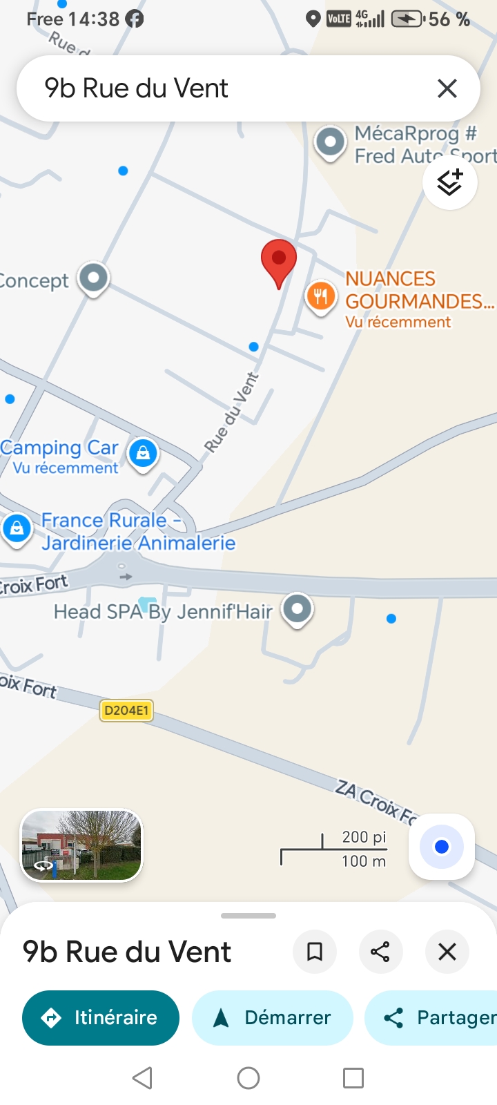 Plan de localisation de l'atelier ROUBY SEB MOTO au 9B, rue du Vent, Z.A. de Croix Fort, Saint-Médard-d'Aunis (vue Google Maps).